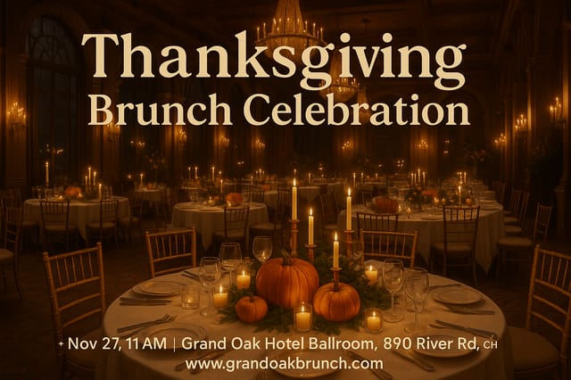 Thanksgiving Brunch Celebration – hotel dining hall, pumpkins, candles, event details