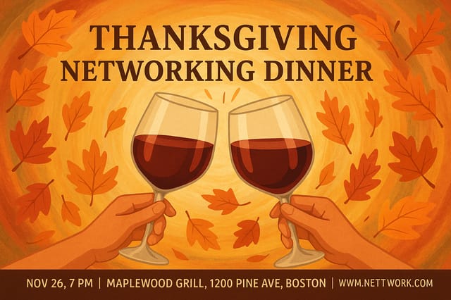 Thanksgiving Networking Dinner – wine glasses, autumn swirl backdrop, event details