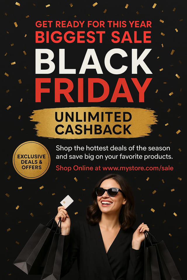 Elegant Black Friday flyer with golden confetti, red-white text, and happy shopper photo