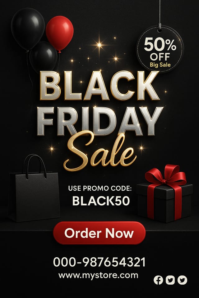 Luxury Black Friday flyer with gold 3D text, balloons, and promo code details