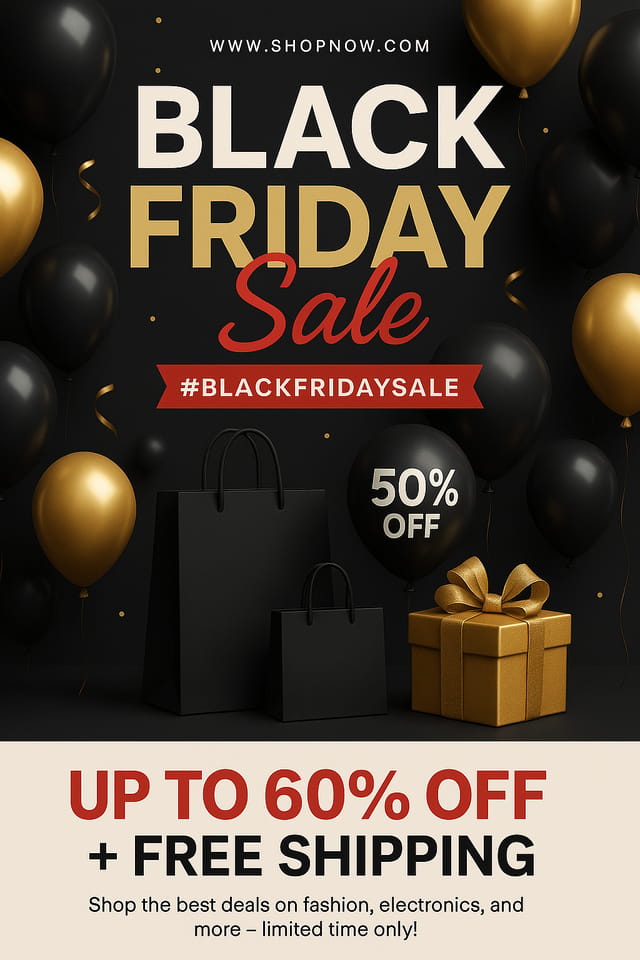 Sleek Black Friday flyer with gold balloons, bold sale text, and modern promo details