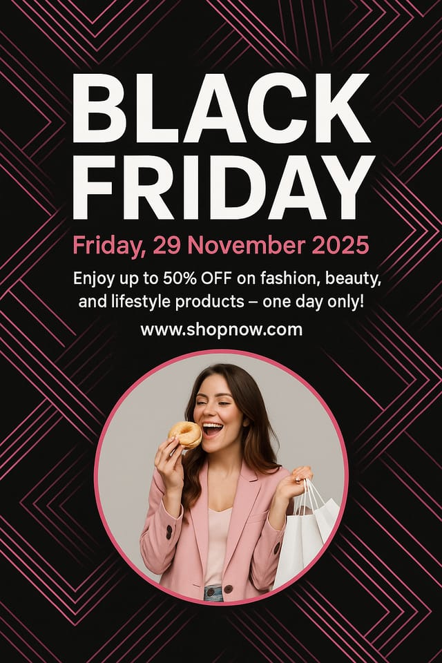 Modern pink-black Black Friday flyer with abstract lines and cheerful shopper image