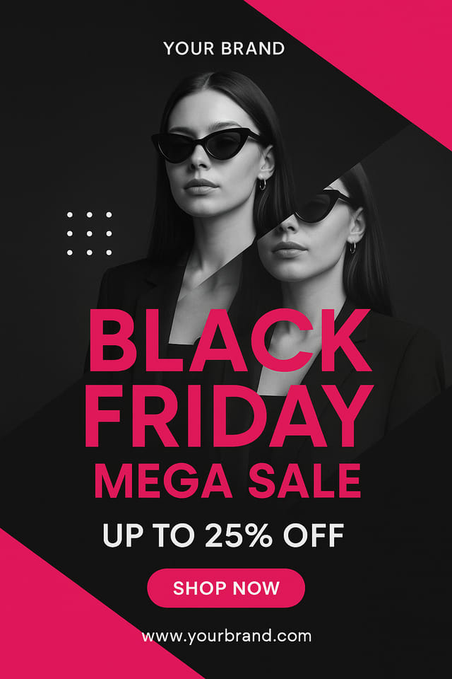 Minimal modern Black Friday flyer with grayscale model, pink text, and geometric accents