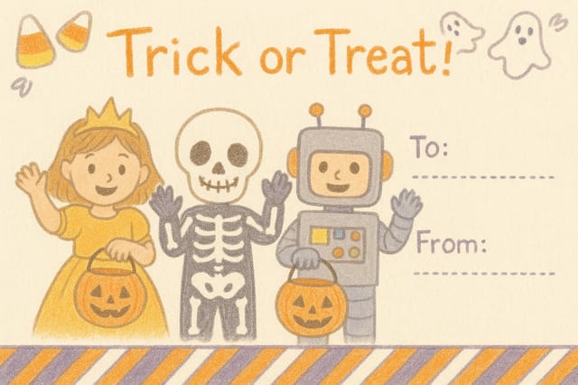 Trick or Treat postcard with princess, skeleton, and robot kids, candy-corn corners, candy-stripe border, and To/From lines