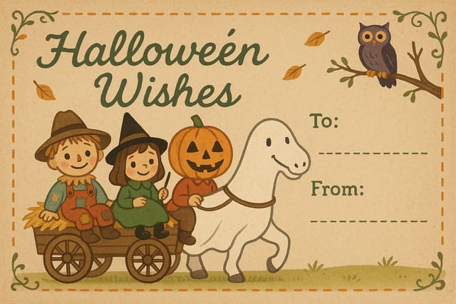 Country Halloween Wishes postcard with hay wagon children, ghost-horse, vine corners, and To/From dashed lines