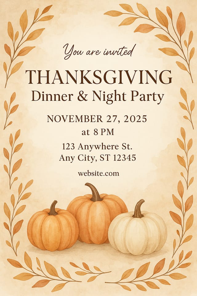 Thanksgiving Dinner & Night Party Invitation – beige watercolor background with pumpkins, autumn leaves, and elegant typography