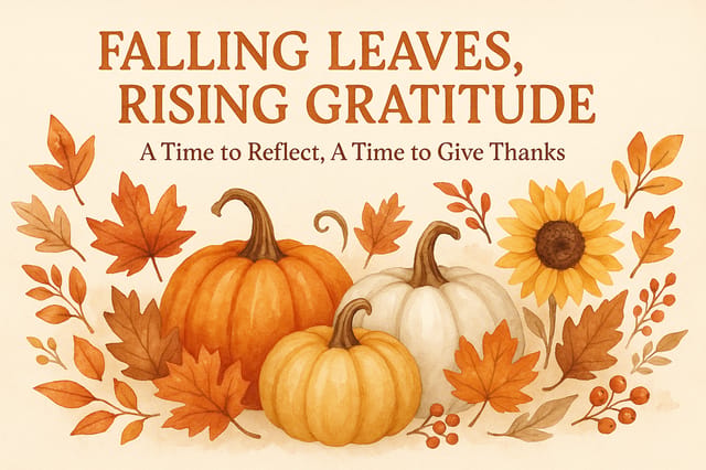 Autumn-themed watercolor Thanksgiving postcard with pumpkins, leaves, and gratitude message