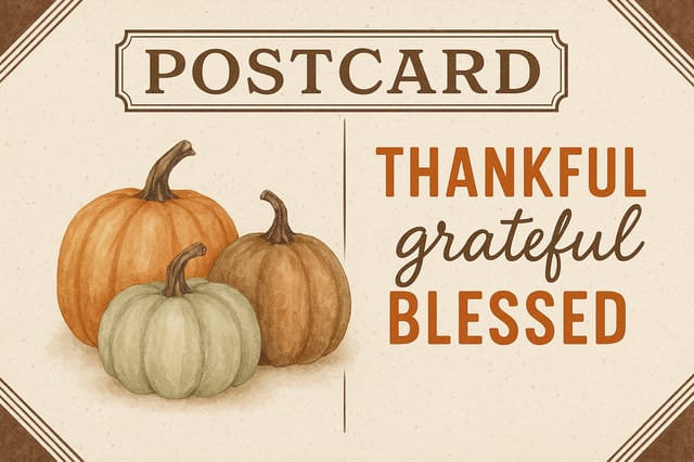 Rustic vintage Thanksgiving postcard with pumpkins and thankful typography