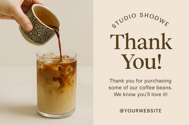 Modern minimalist coffee thank-you postcard with espresso pour and clean typography