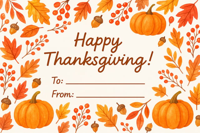 Simple Thanksgiving postcard with watercolor borders and To/From fields