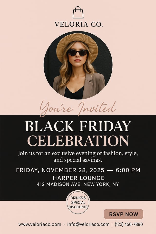 Chic Black Friday Invitation – blush pink fashion design with photo, Veloria Co. branding, RSVP button, and event details for Harper Lounge NYC
