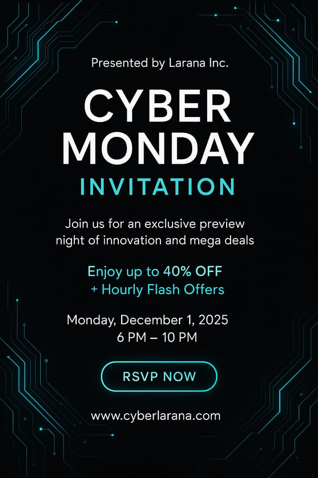 Cyber Monday Invitation – futuristic cyan and black tech design with glowing circuits, RSVP button, and exclusive event details for Larana Inc.