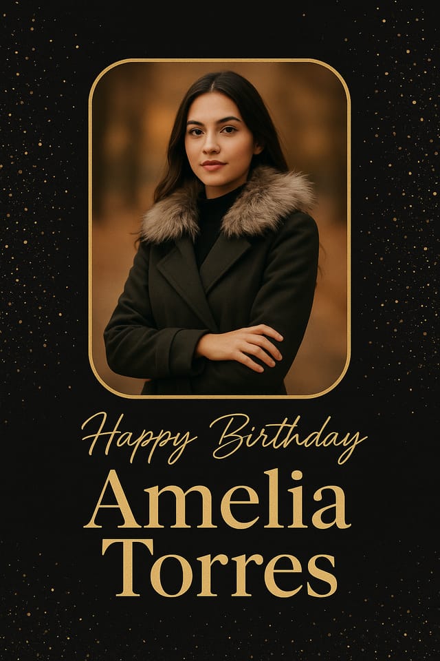 Elegant golden birthday poster with portrait photo and personalized name