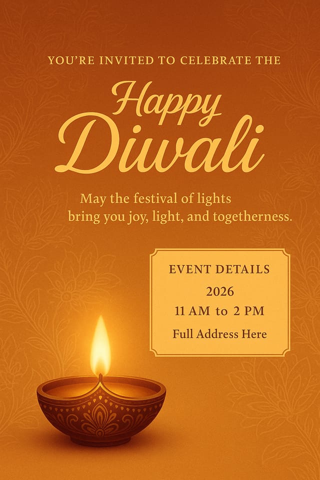 Elegant Diwali invitation poster — golden-orange degradado, floral patterns, glowing diya, and elegant text layout.