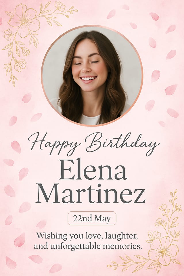Full-bleed portrait birthday poster — pink cherry blossom watercolor design with rose-gold accents, Elena Martinez.