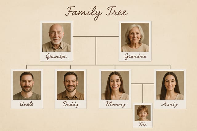 Vintage beige family tree — Polaroid photo frames, cursive labels, soft watercolor scrapbook style.