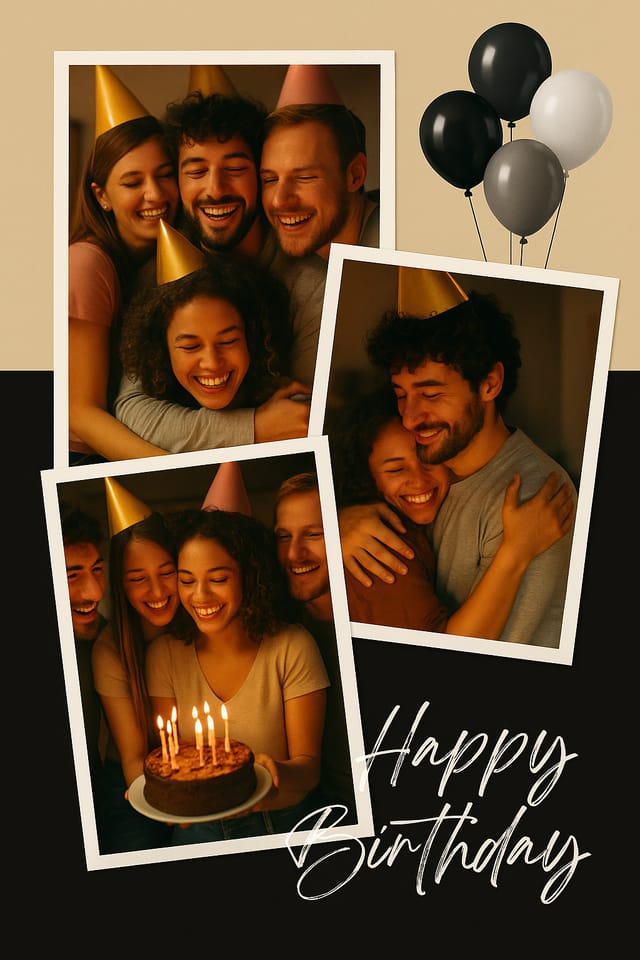 Full-bleed portrait birthday party poster — beige and black scrapbook-style design with friends and balloons.