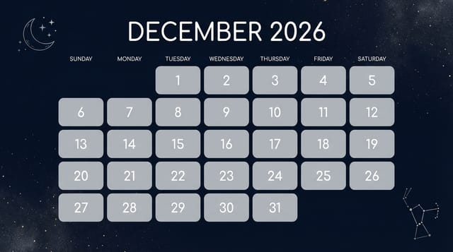 December 2026 landscape calendar — midnight-blue starry theme, moon details, elegant minimal layout.