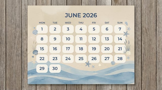 June 2026 landscape calendar — coastal theme, beige and blue wave design, calm minimal summer layout.