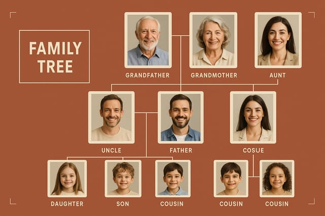 Terracotta modern family tree — grid hierarchy layout, beige photo cards, clean infographic look.