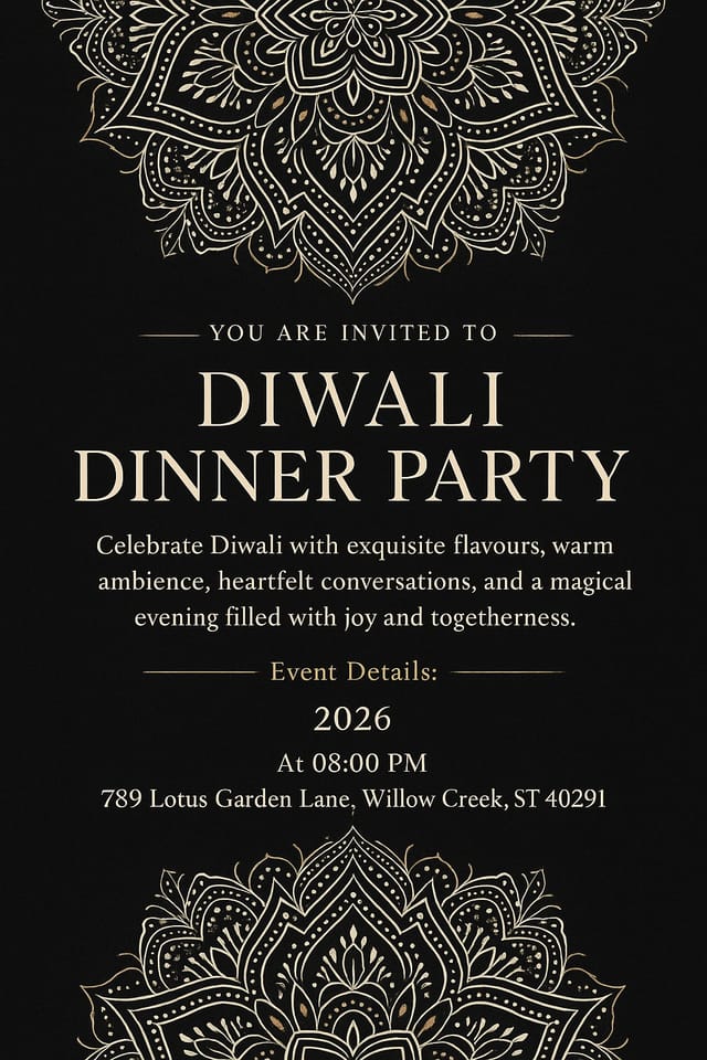 Diwali dinner party invitation — black background, gold accents, mandala artwork, premium festive design.