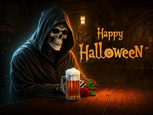Happy Halloween – grim reaper at bar with glowing beer mug and rose