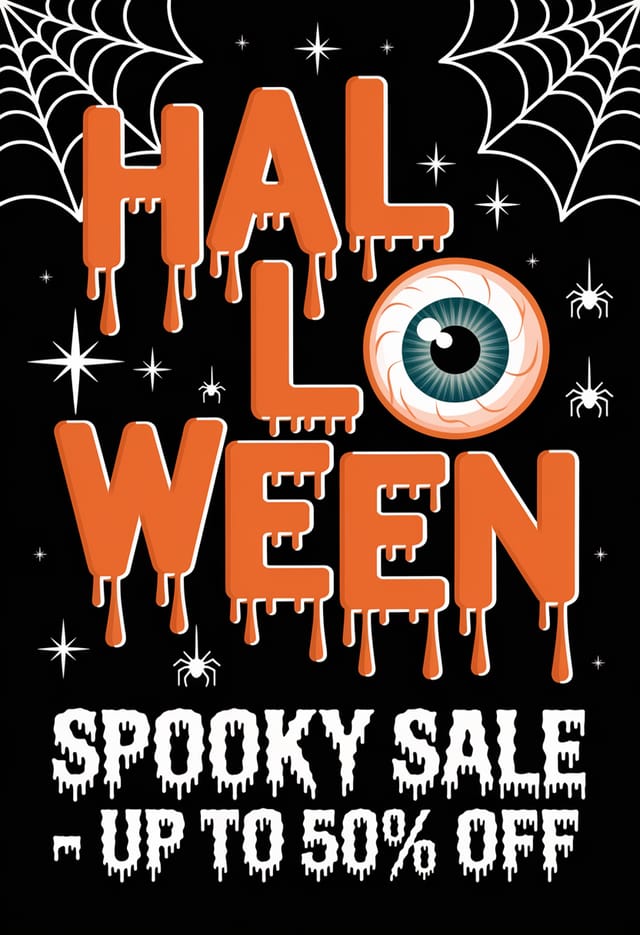 Spooky Sale Up to 50% OFF – Halloween dripping text with eyeball and spiderwebs