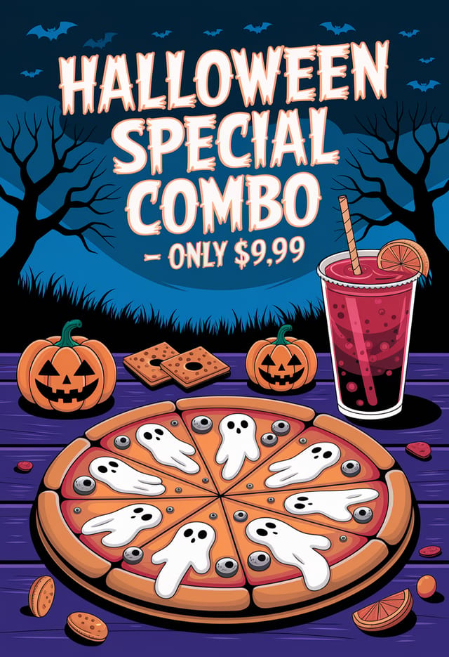 Halloween Special Combo $9.99 – spooky pizza with ghost cheese, googly-eye snacks, blood-red drink