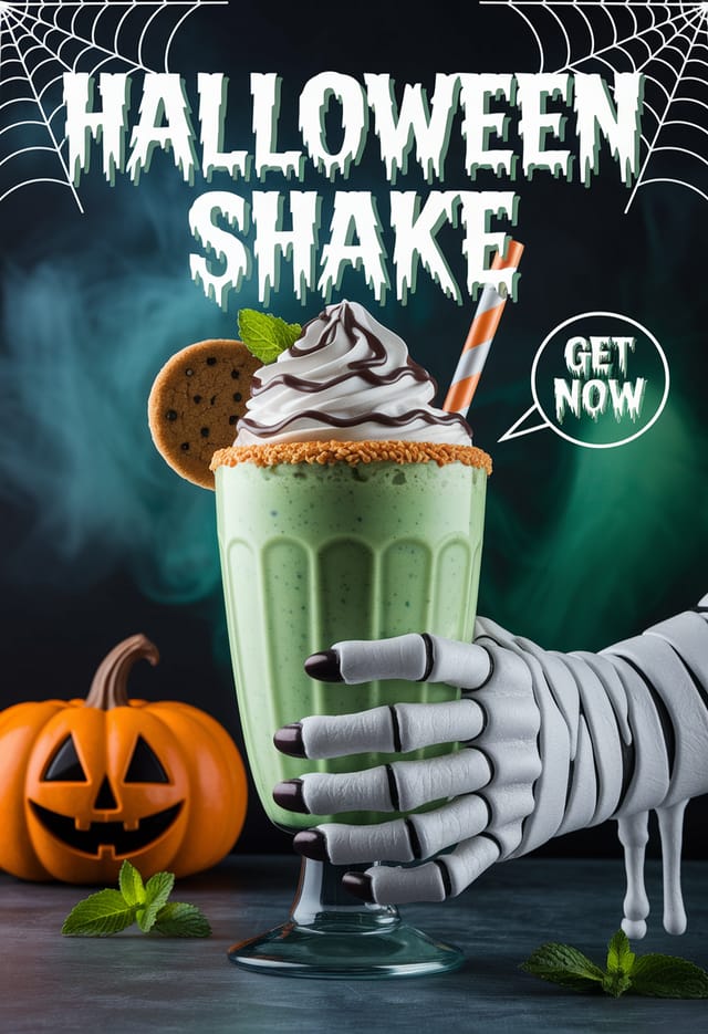 Halloween Shake – spooky green milkshake held by mummy hand, 'Get Now'