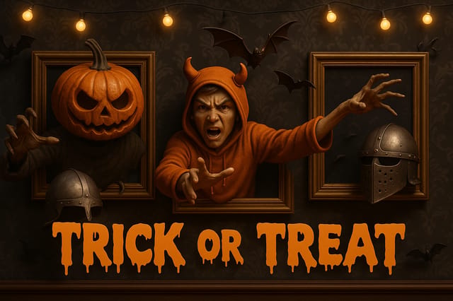 Trick or Treat – 3D pumpkin-head and hooded characters breaking frames, spooky props