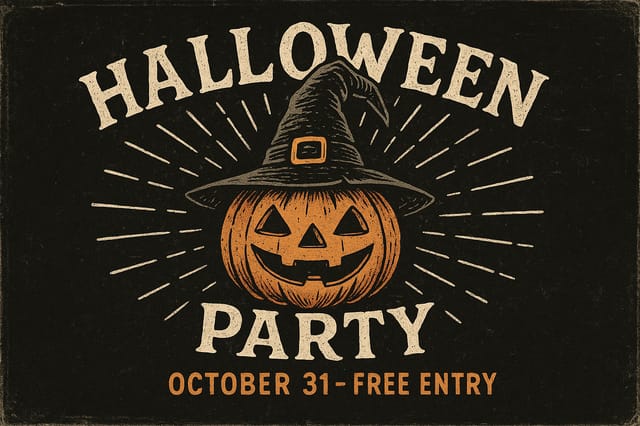 Halloween Party – vintage carved pumpkin with witch hat, Oct 31 Free Entry