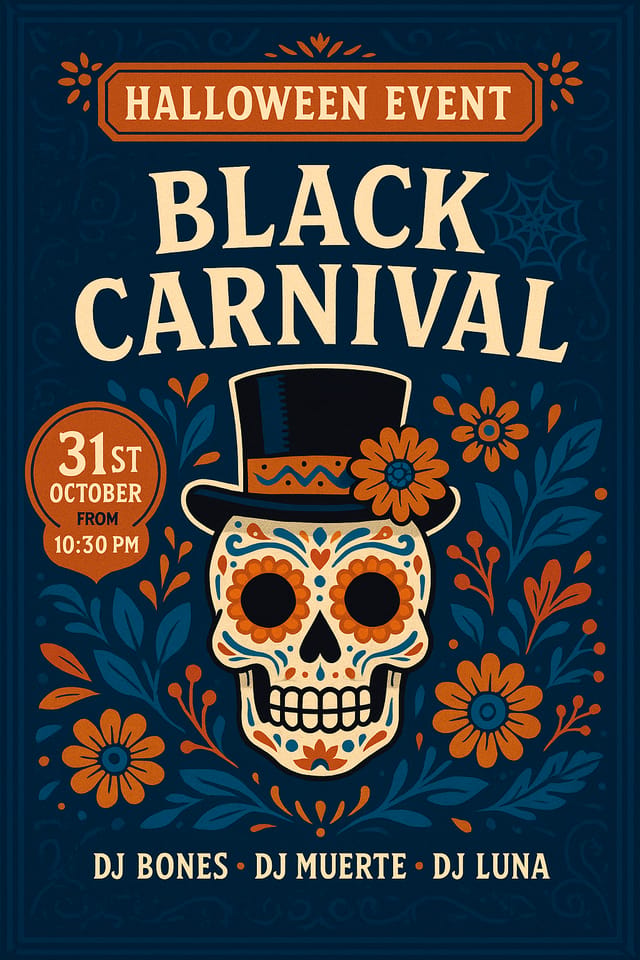 Halloween Event 20XX Black Carnival – Día de los Muertos sugar skull, festive poster