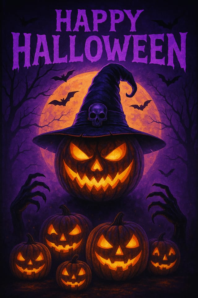 Happy Halloween – glowing pumpkin head with witch hat, moon, bats, eerie pumpkins and claws