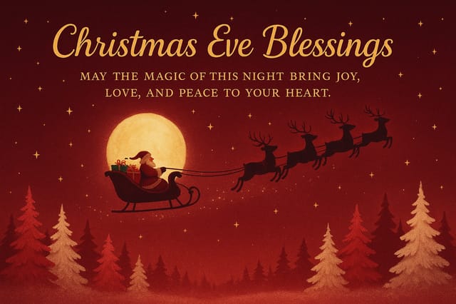 Christmas Eve card with crimson night sky, moon, Santa in sleigh, and golden festive typography