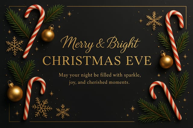Modern Christmas Eve card with charcoal background, gold frame, festive accents, and elegant typography