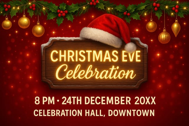 Christmas Eve celebration event card with red background, wooden signboard, and glowing festive details