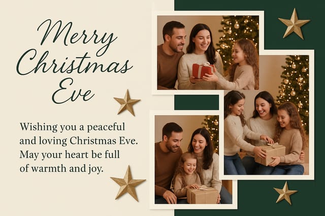 Family Christmas Eve greeting card with cream and green background, family photo collage, and elegant message