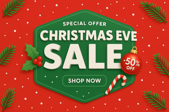 Christmas Eve sale card with red background, 3D text, ornaments, and festive decorations