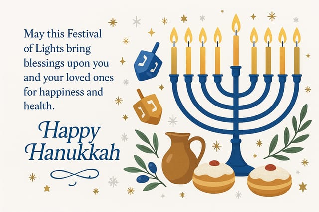 Hanukkah card with menorah, dreidels, olive branches, and festive message on white background