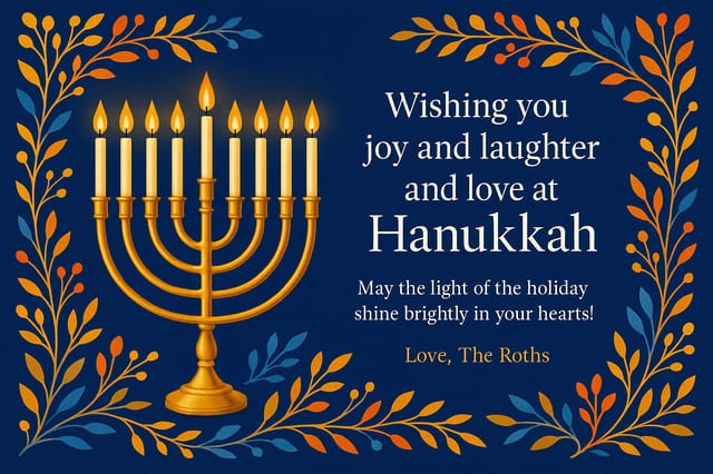 Royal blue Hanukkah greeting card with menorah, floral borders, and golden festive typography