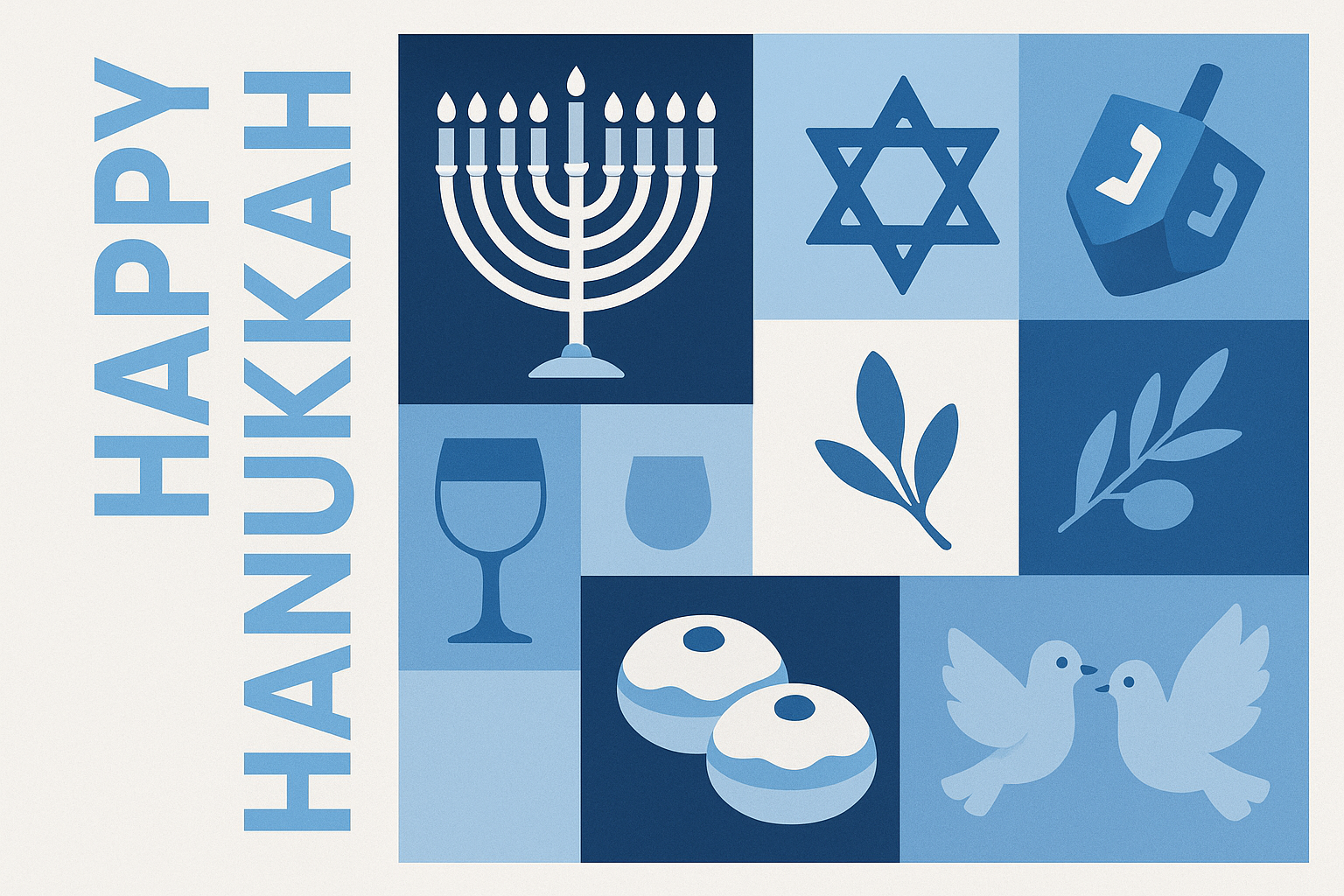 Modern geometric Hanukkah card with blue icons and vertical Happy Hanukkah text