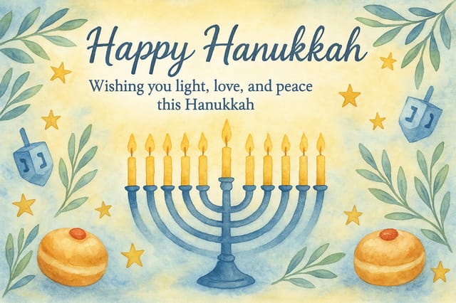 Watercolor Hanukkah card with menorah, olive branches, and hand-lettered greeting