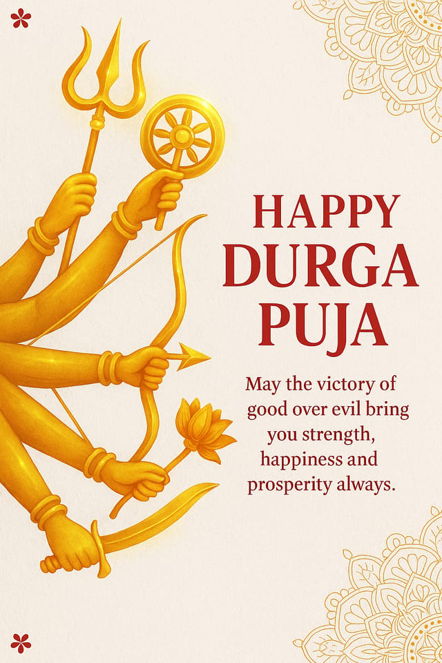Stylized Durga arms with weapons, red festive text, golden mandalas and floral motifs on white background.