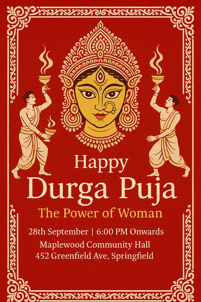 Durga face with crown, dhunuchi dancers, red and white festive background, event details.