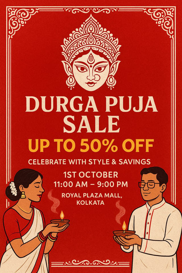 Durga face, clay lamp figures, red background, bold festive sale details.