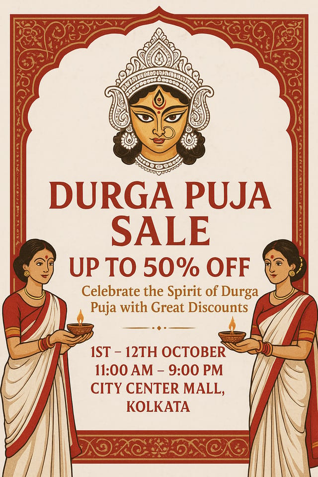 White marble background, Durga face, clay lamp women, red arch border, bold sale details.