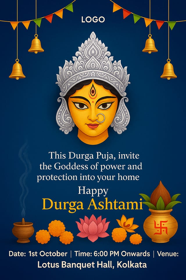 Durga golden face with silver crown, blue mandala background, festive invitation details.