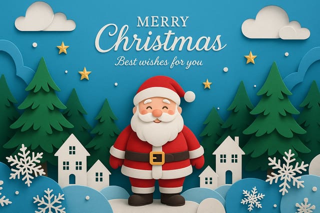 AI-generated paper-cut Christmas card showing Santa Claus surrounded by pine trees, white village houses, golden stars, and snowflakes on a blue background with Merry Christmas text