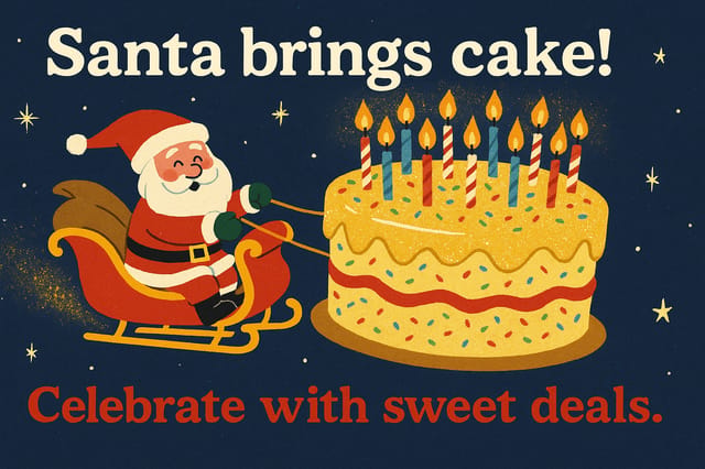 Humorous full-bleed Christmas card with Santa delivering giant cake, playful festive text