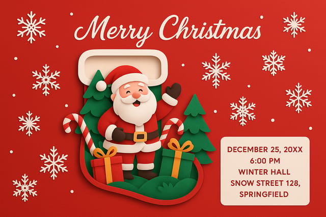 Modern paper-cut Christmas card with 3D stocking, Santa, gifts, and festive details